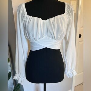 LYANER Women's Tie Knot Front Shirred Back Lantern Long Sleeve Crop Top